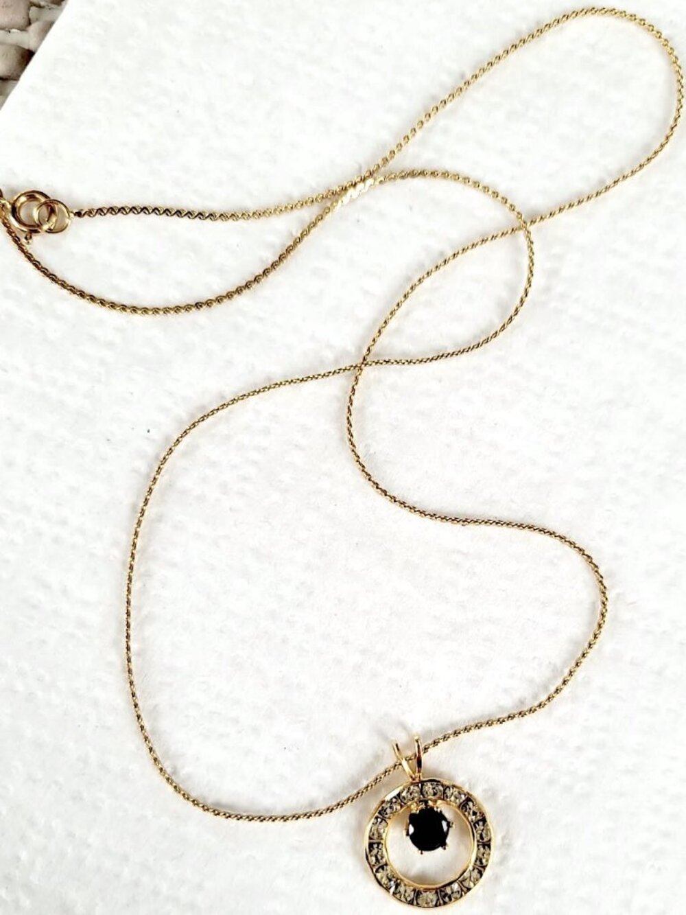 Gold-Plated Necklace Circular Black Pendant Stone & Halo Of Clear Stones 9"